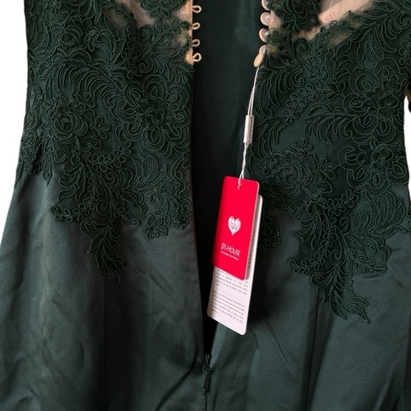 JJ’s House Emerald Green Beige Embroidered Satin Button Evening Gown Dress US 0 - Picture 13 of 15